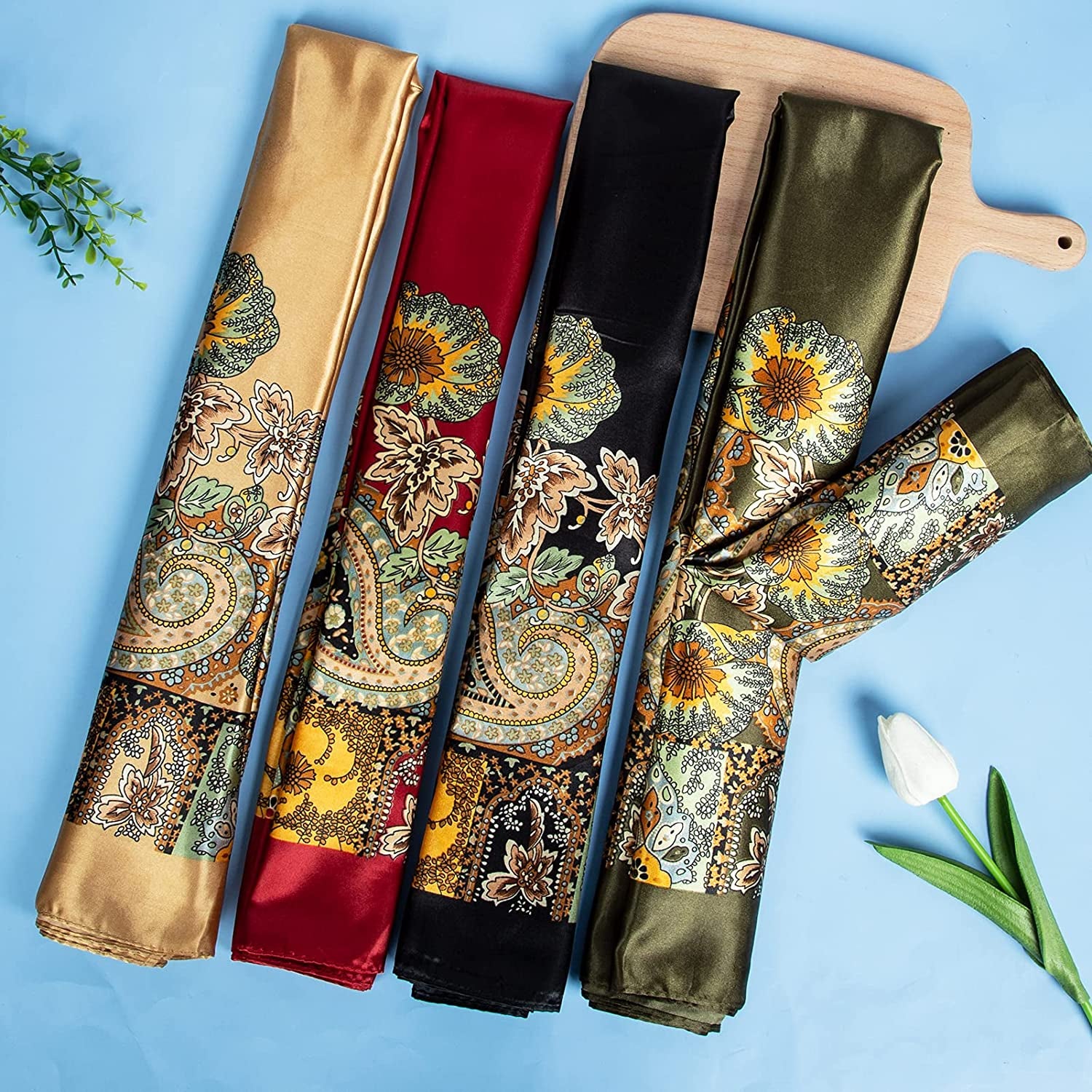 Chalier 4 Pcs Silk Feeling Head Scarf for Women, 35 X 35 Inches Silky Satin Neck Head Hair Scarf for Women Fashion Soft Silk Bandana Beautiful Gifts Apparel & Accessories > Clothing Accessories > Bandanas & Headties Chalier Fashion   