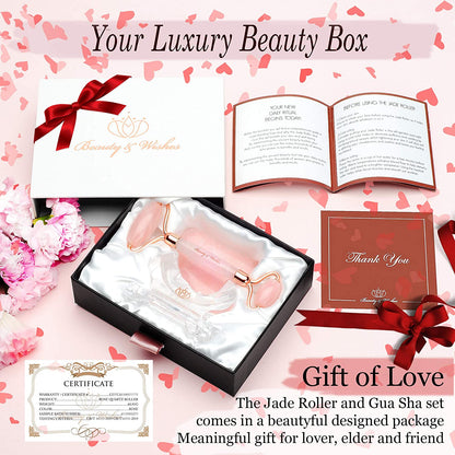 Jade Roller & Gua Sha for Face - 4 in 1 - Helps Reducing Puffiness, Wrinkles, Fine Lines - Authentic Brazilian Rose Quartz Face Massager Kit for Improved Skin Circulation, Drainage, Elasticity Health & Beauty > Personal Care > Cosmetics > Cosmetic Tools > Skin Care Tools BEAUTY & WISHES   