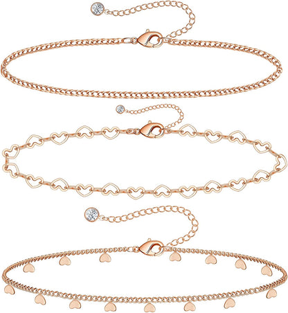 Gold Ankle Bracelets for Women 14K Gold Plated Anklet Silver Rose Gold Evil Eye Tennis Crystal Cubic Zirconia Faux Diamond Rhinestone Anklet Dainty Layered Anklet Set 3Pcs Apparel & Accessories > Jewelry > Anklets Vermeyen R-Rose Gold-Heart  