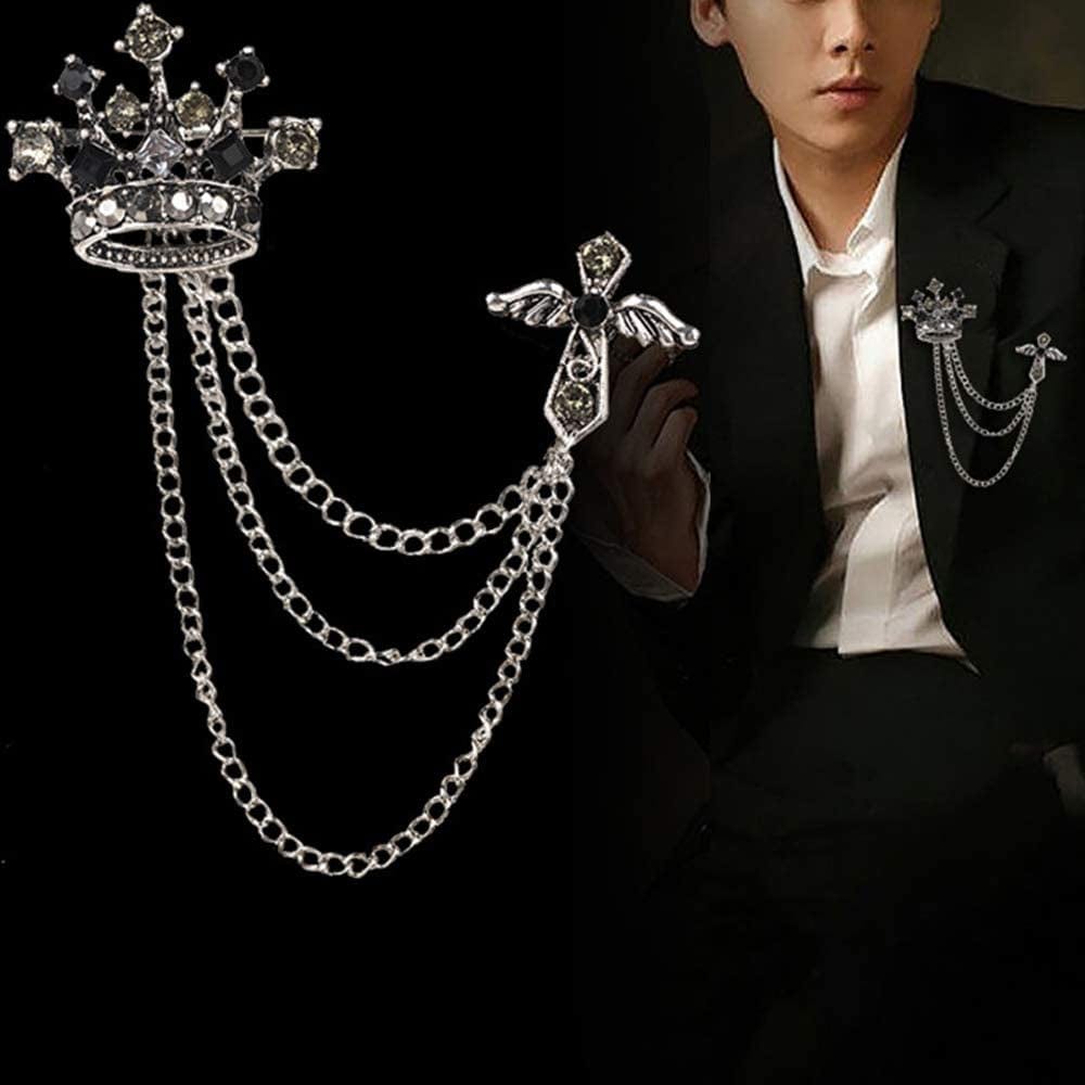 2Packs Men'S Crown Brooch Lapel Pin Badge Hanging Chains Collar Brooches Pin for Career Suit Tuxedo of Shirts Tie Hat Scarf for Boyfriend Father Birthday Gold/Silver