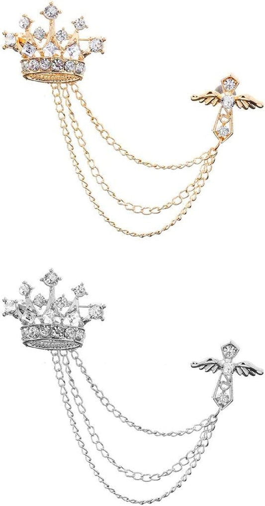 2Packs Men'S Crown Brooch Lapel Pin Badge Hanging Chains Collar Brooches Pin for Career Suit Tuxedo of Shirts Tie Hat Scarf for Boyfriend Father Birthday Gold/Silver