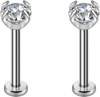 2Pcs 16G 8Mm G23 Titanium Clear CZ Press Fit Threadless Push-In Labret Lip Monroe Tragus Earring Piercing Jewerly Stud Push Back Labret Lip Studs Helix Earring for Men Women Girls Apparel & Accessories > Jewelry > Body Jewelry VGudor Clear  