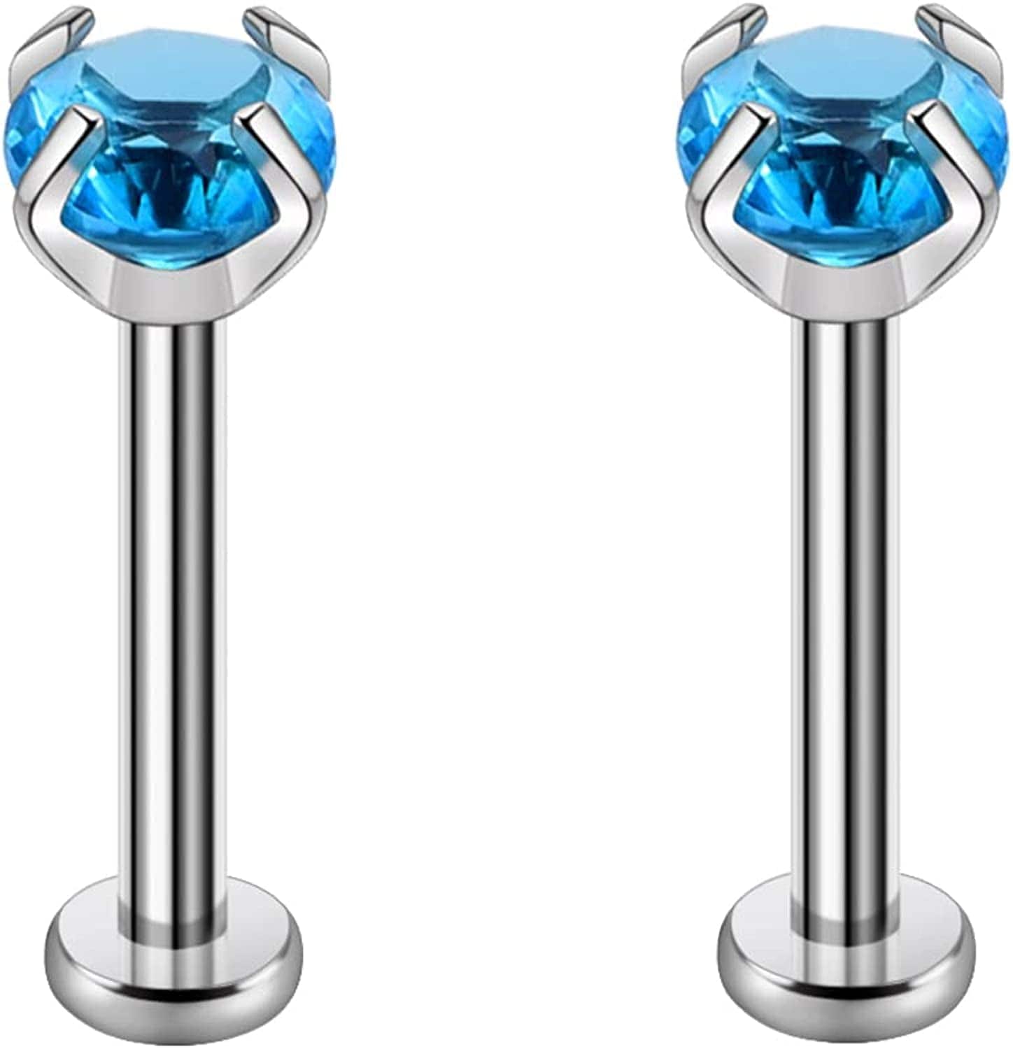 2Pcs 16G 8Mm G23 Titanium Clear CZ Press Fit Threadless Push-In Labret Lip Monroe Tragus Earring Piercing Jewerly Stud Push Back Labret Lip Studs Helix Earring for Men Women Girls Apparel & Accessories > Jewelry > Body Jewelry VGudor Aqua Blue  