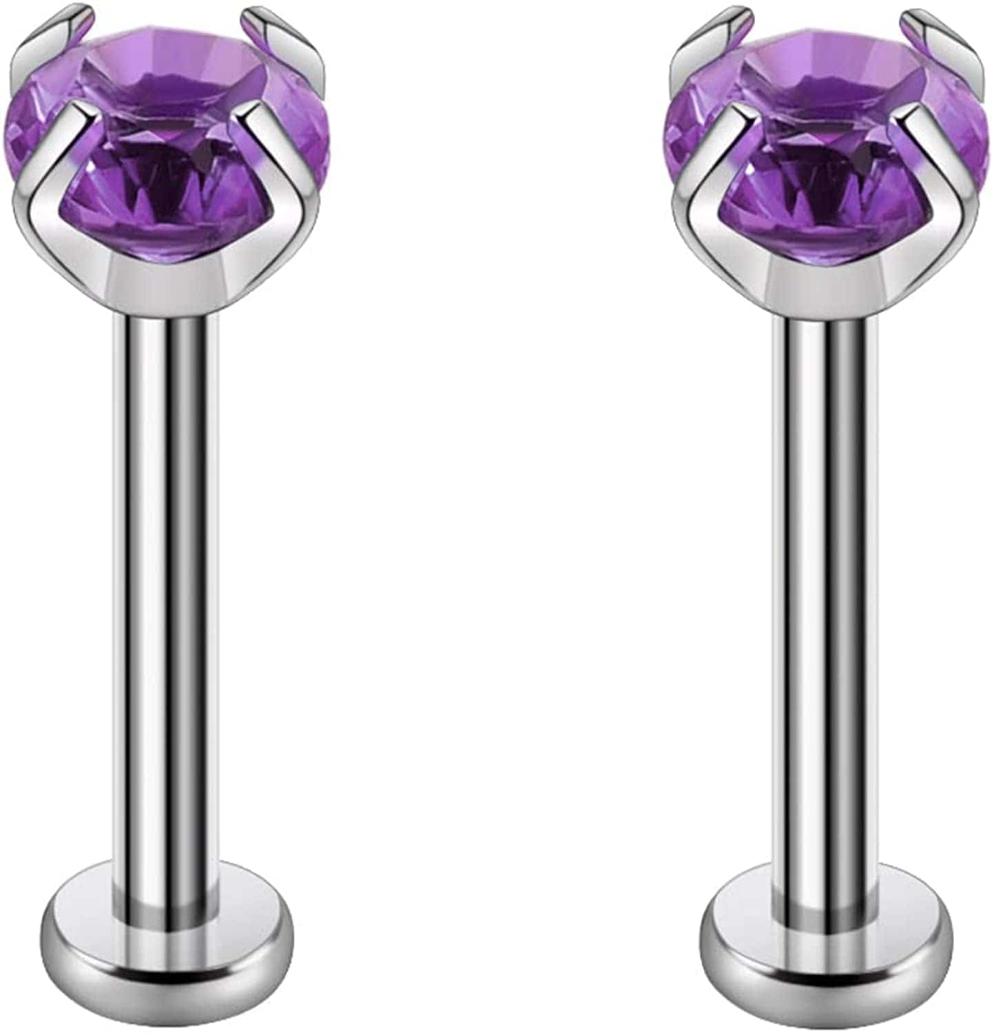 2Pcs 16G 8Mm G23 Titanium Clear CZ Press Fit Threadless Push-In Labret Lip Monroe Tragus Earring Piercing Jewerly Stud Push Back Labret Lip Studs Helix Earring for Men Women Girls Apparel & Accessories > Jewelry > Body Jewelry VGudor Purple  