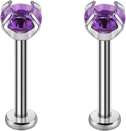 2Pcs 16G 8Mm G23 Titanium Clear CZ Press Fit Threadless Push-In Labret Lip Monroe Tragus Earring Piercing Jewerly Stud Push Back Labret Lip Studs Helix Earring for Men Women Girls Apparel & Accessories > Jewelry > Body Jewelry VGudor Purple  