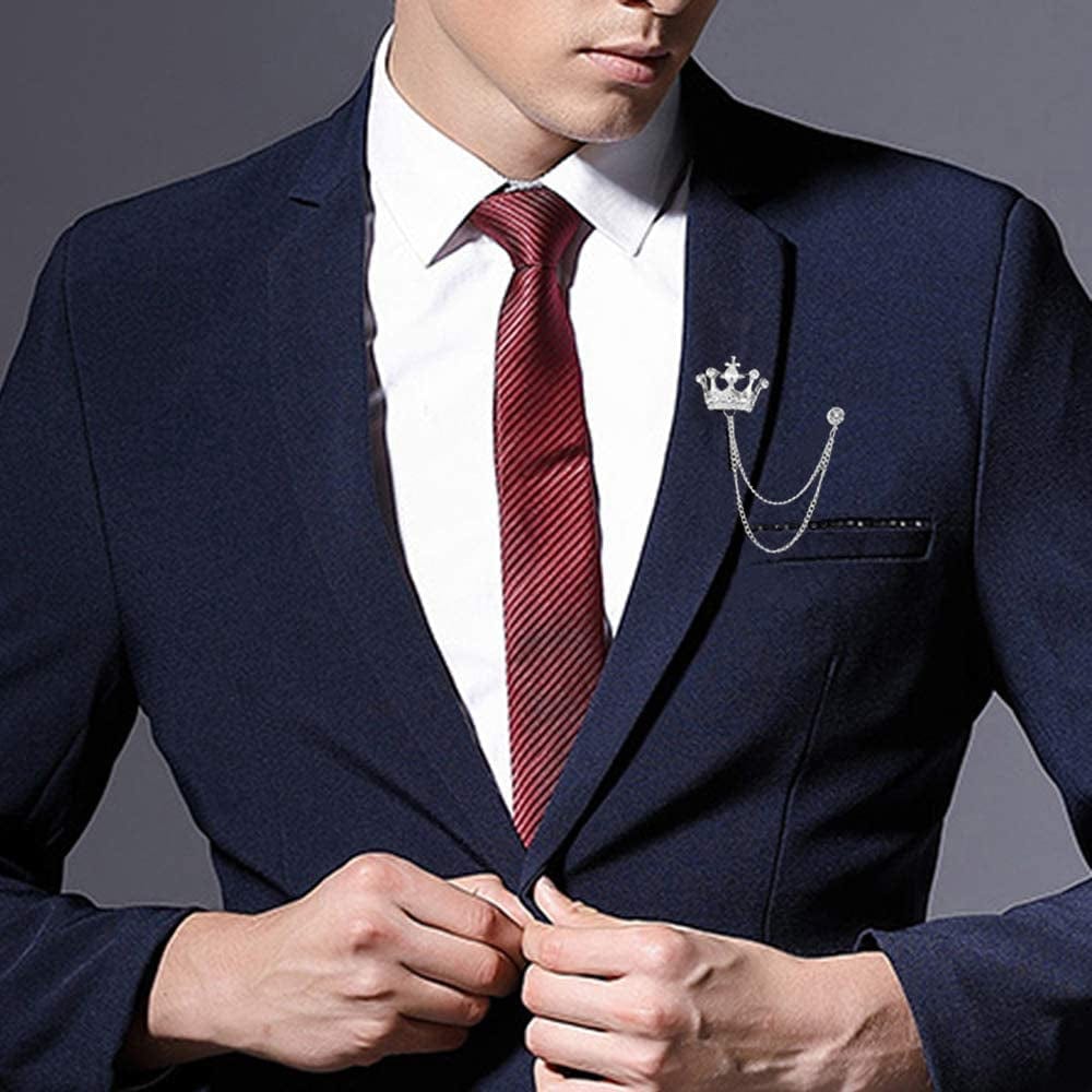 2PCS Men'S Brooch Crown Hanging Chain Brooch Stone Detailing with Engraving Metal Crystal Brooch Suit Stud Lapel Pin Vintage Rhinestone Breastpin Wedding Brooch Pin, Gold and Silver