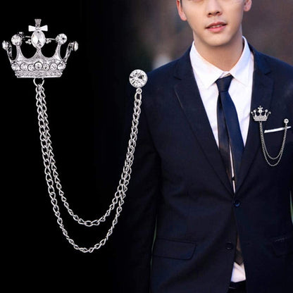 2PCS Men'S Brooch Crown Hanging Chain Brooch Stone Detailing with Engraving Metal Crystal Brooch Suit Stud Lapel Pin Vintage Rhinestone Breastpin Wedding Brooch Pin, Gold and Silver