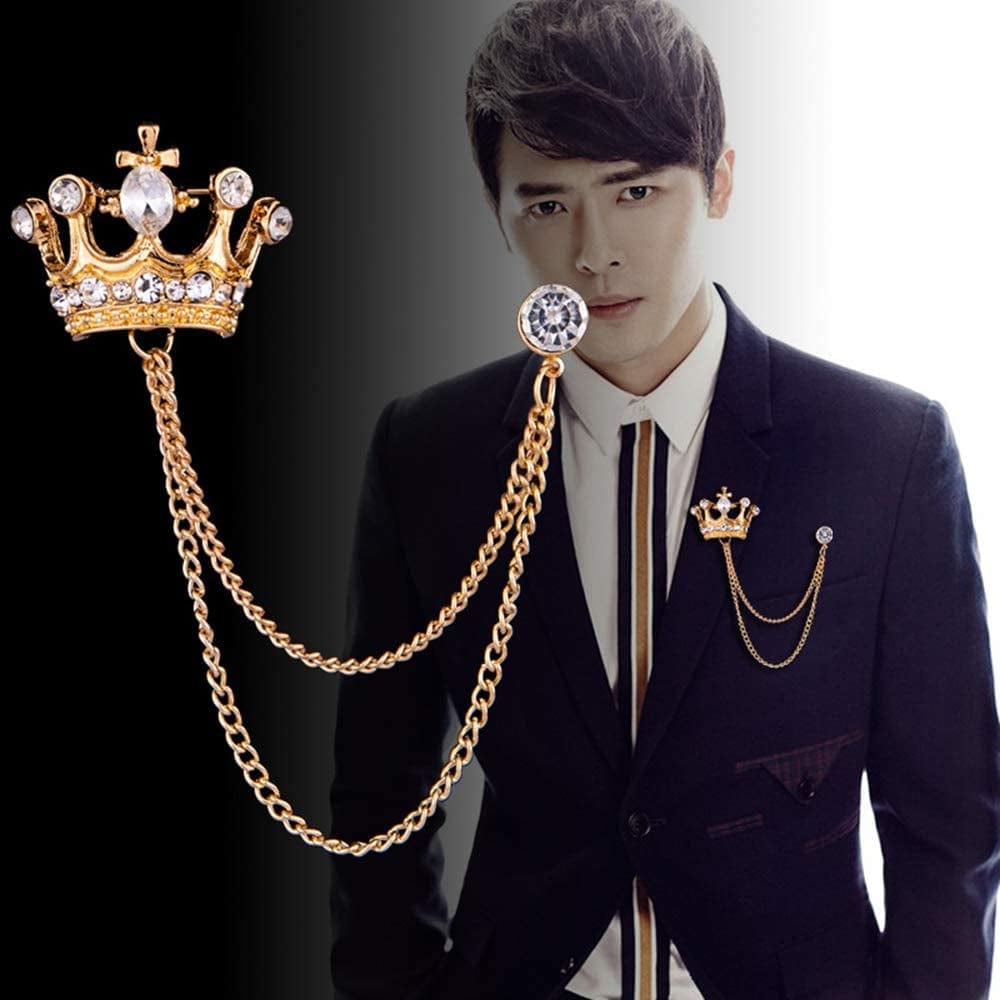 2PCS Men'S Brooch Crown Hanging Chain Brooch Stone Detailing with Engraving Metal Crystal Brooch Suit Stud Lapel Pin Vintage Rhinestone Breastpin Wedding Brooch Pin, Gold and Silver