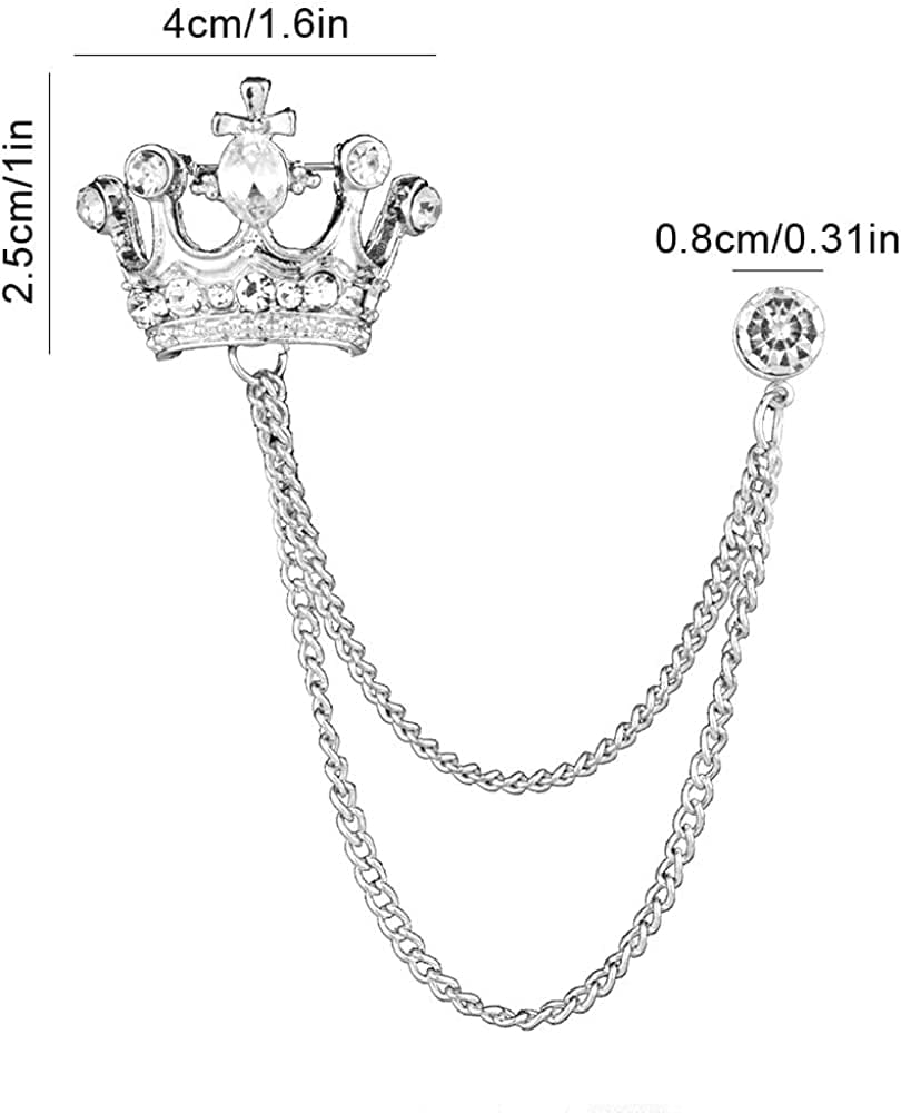 2PCS Men'S Brooch Crown Hanging Chain Brooch Stone Detailing with Engraving Metal Crystal Brooch Suit Stud Lapel Pin Vintage Rhinestone Breastpin Wedding Brooch Pin, Gold and Silver