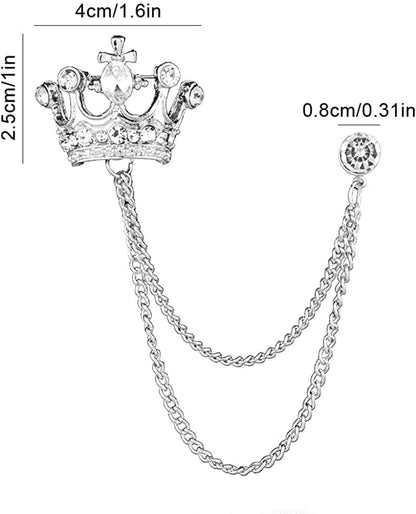 2PCS Men'S Brooch Crown Hanging Chain Brooch Stone Detailing with Engraving Metal Crystal Brooch Suit Stud Lapel Pin Vintage Rhinestone Breastpin Wedding Brooch Pin, Gold and Silver