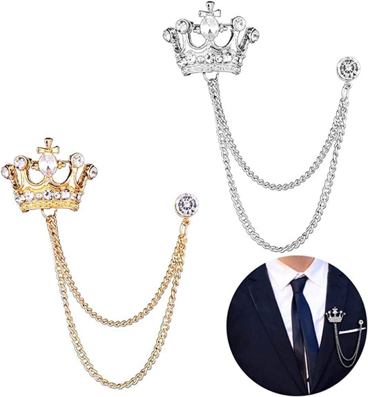 2PCS Men'S Brooch Crown Hanging Chain Brooch Stone Detailing with Engraving Metal Crystal Brooch Suit Stud Lapel Pin Vintage Rhinestone Breastpin Wedding Brooch Pin, Gold and Silver