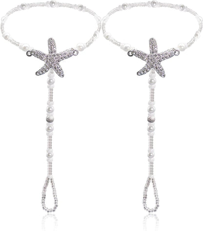 2Pcs Pearl Ankle Chain Bracelet Beach Wedding Foot Jewelry Barefoot Sandals Anklet Chain Apparel & Accessories > Jewelry > Anklets Bienvenu White_Starfish  