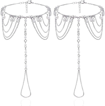 2Pcs Pearl Ankle Chain Bracelet Beach Wedding Foot Jewelry Barefoot Sandals Anklet Chain Apparel & Accessories > Jewelry > Anklets Bienvenu White_Style 5  