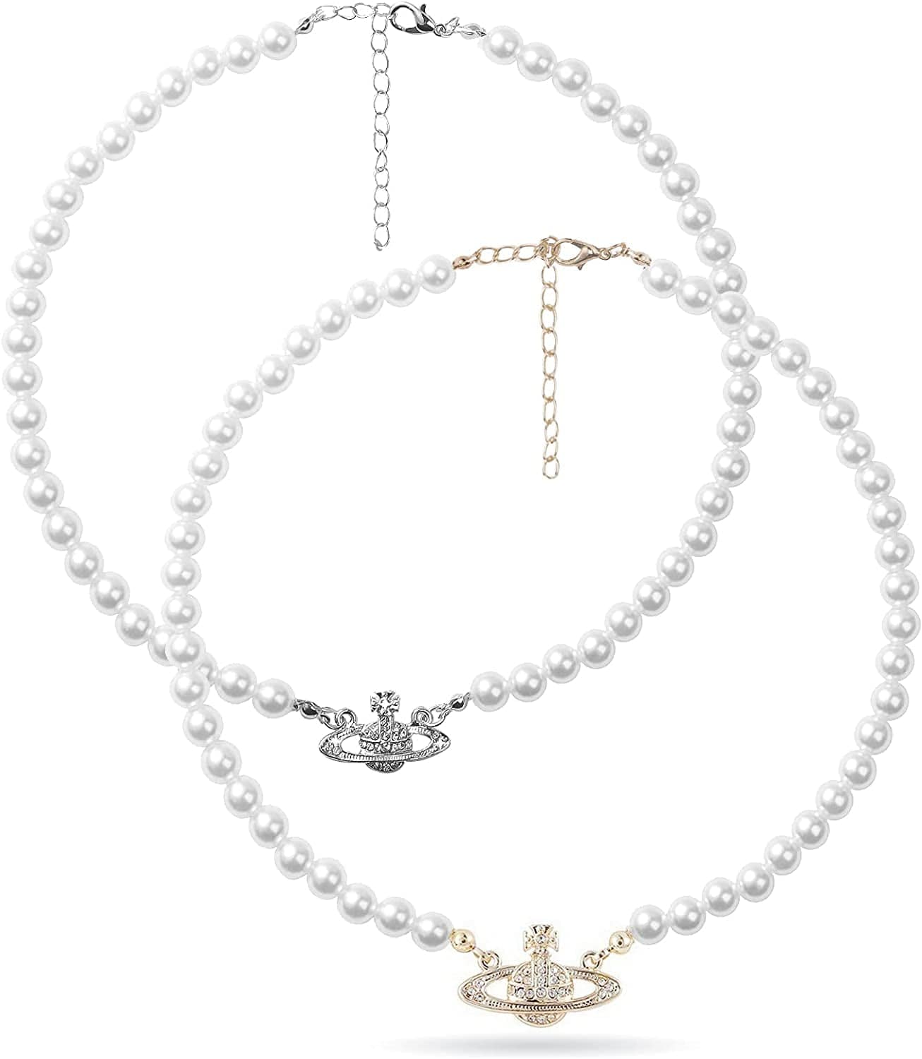 2PCS Pearl Necklace Set, Artificial Pearl Necklace, Pearl Choker Necklace Charm Lady Girlfriend Wedding Birthday Anniversary Saturn