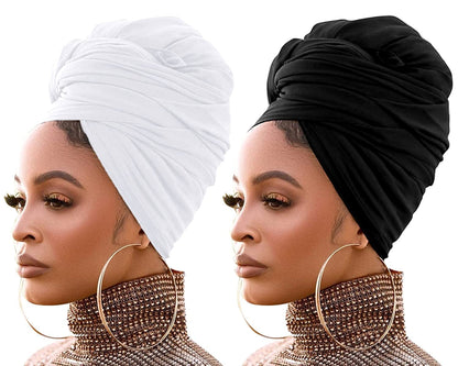 2Pieces Stretch Head Wraps for Women,Pretied Headwraps for Women, African Stretch Jersey Turbans Headwraps,Urban Soft Headwear Long Breathable Lightweight Turban for Women(Black,White) Apparel & Accessories > Clothing Accessories > Headwear Pesonlook   