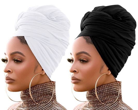 2Pieces Stretch Head Wraps for Women,Pretied Headwraps for Women, African Stretch Jersey Turbans Headwraps,Urban Soft Headwear Long Breathable Lightweight Turban for Women(Black,White) Apparel & Accessories > Clothing Accessories > Headwear Pesonlook   