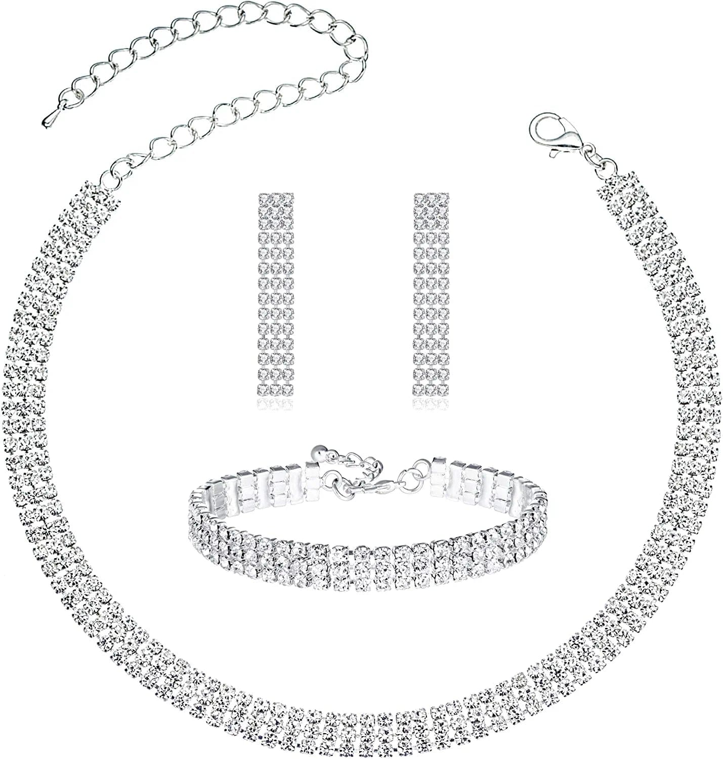 3/4 Pieces Women Jewelry Set Rhinestone Crystal Bride Statement Choker Necklace Tiara Crown Link Bangle Bracelet Teardrop Dangle Earrings Set for Wedding Party Silver Plated White Earrings Bracelet Necklace set
