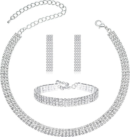 3/4 Pieces Women Jewelry Set Rhinestone Crystal Bride Statement Choker Necklace Tiara Crown Link Bangle Bracelet Teardrop Dangle Earrings Set for Wedding Party Silver Plated White Earrings Bracelet Necklace set