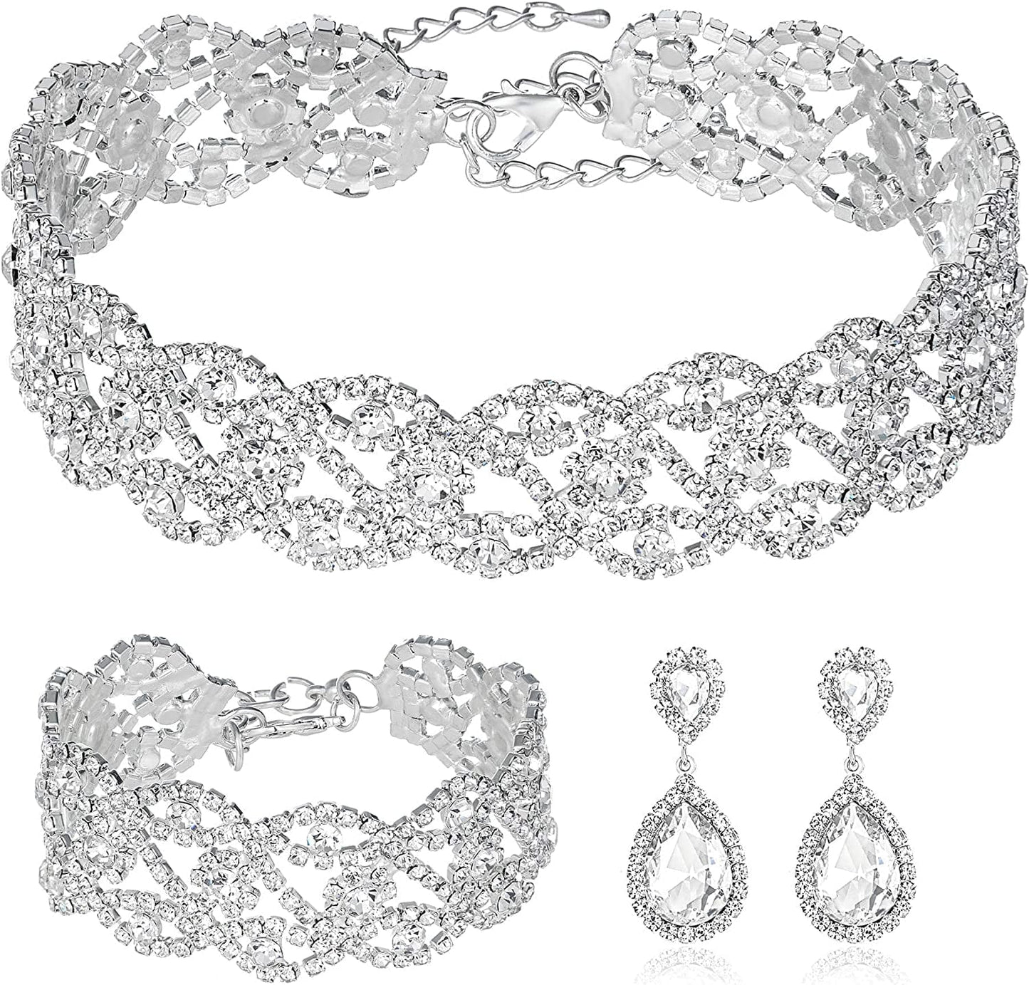 3/4 Pieces Women Jewelry Set Rhinestone Crystal Bride Statement Choker Necklace Tiara Crown Link Bangle Bracelet Teardrop Dangle Earrings Set for Wedding Party Silver Choker Necklace Earrings Bracelet set
