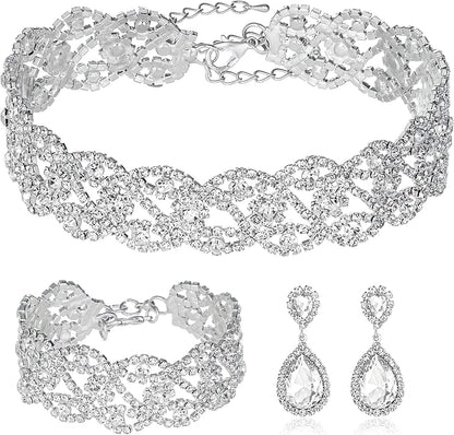 3/4 Pieces Women Jewelry Set Rhinestone Crystal Bride Statement Choker Necklace Tiara Crown Link Bangle Bracelet Teardrop Dangle Earrings Set for Wedding Party Silver Choker Necklace Earrings Bracelet set