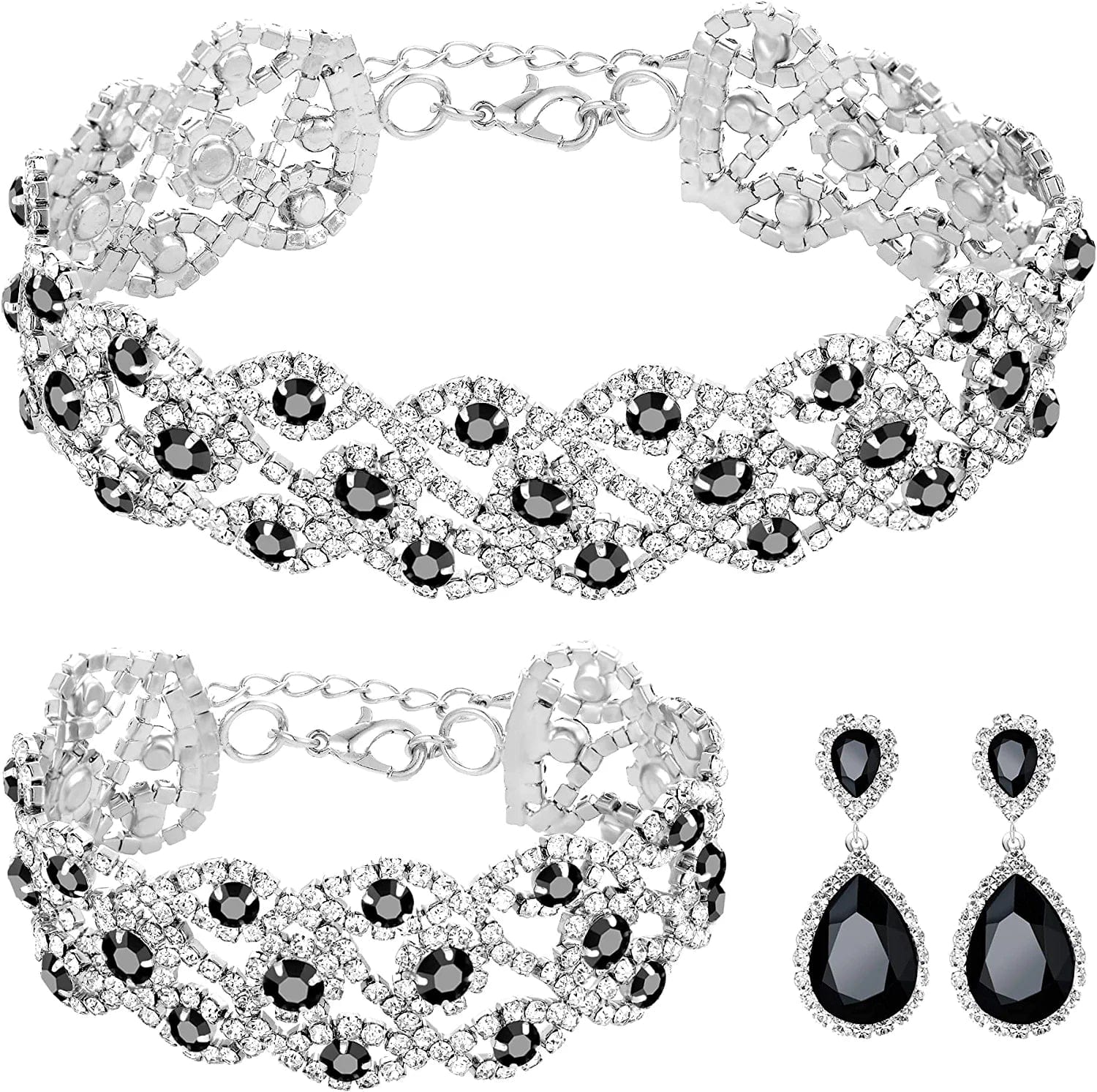 3/4 Pieces Women Jewelry Set Rhinestone Crystal Bride Statement Choker Necklace Tiara Crown Link Bangle Bracelet Teardrop Dangle Earrings Set for Wedding Party Silver Plated White + Black Choker Necklace Bracelet Earrings