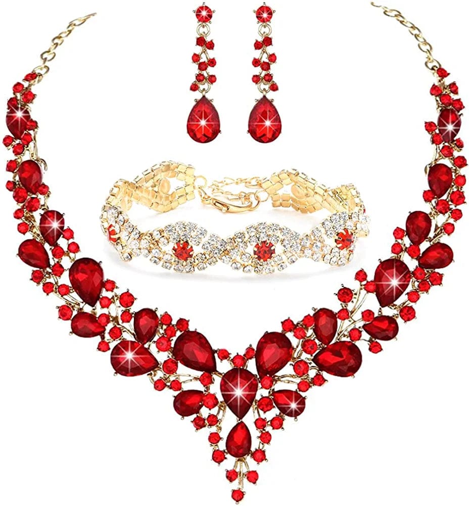 3/4 Pieces Women Jewelry Set Rhinestone Crystal Bride Statement Choker Necklace Tiara Crown Link Bangle Bracelet Teardrop Dangle Earrings Set for Wedding Party Gold Plated Red Rhinestone Crystal Necklace Earrings Bracelet set