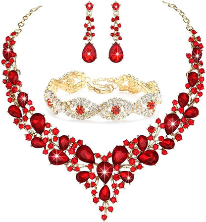 3/4 Pieces Women Jewelry Set Rhinestone Crystal Bride Statement Choker Necklace Tiara Crown Link Bangle Bracelet Teardrop Dangle Earrings Set for Wedding Party Gold Plated Red Rhinestone Crystal Necklace Earrings Bracelet set