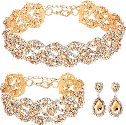 3/4 Pieces Women Jewelry Set Rhinestone Crystal Bride Statement Choker Necklace Tiara Crown Link Bangle Bracelet Teardrop Dangle Earrings Set for Wedding Party Gold Plated Rhinestone Champagne Crystal Choker Necklace Earrings Bracelet