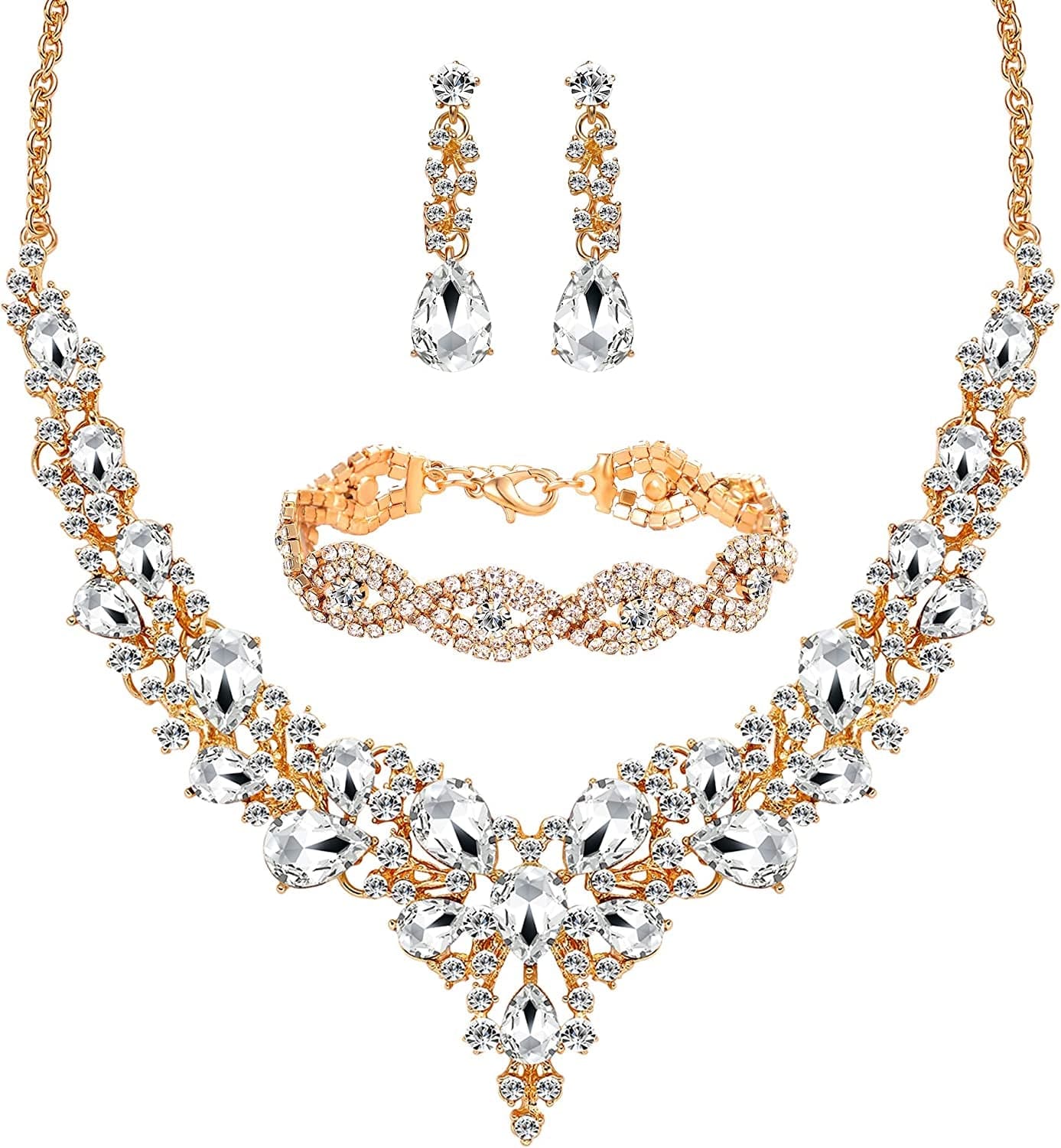 3/4 Pieces Women Jewelry Set Rhinestone Crystal Bride Statement Choker Necklace Tiara Crown Link Bangle Bracelet Teardrop Dangle Earrings Set for Wedding Party Gold Plated White Crystal Necklace+Earrings+Bracelet
