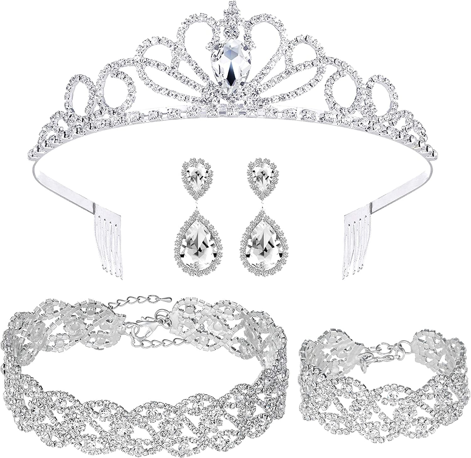 3/4 Pieces Women Jewelry Set Rhinestone Crystal Bride Statement Choker Necklace Tiara Crown Link Bangle Bracelet Teardrop Dangle Earrings Set for Wedding Party Silver Plated White Crystal Tiara+Necklace+Bracelet+Earrings