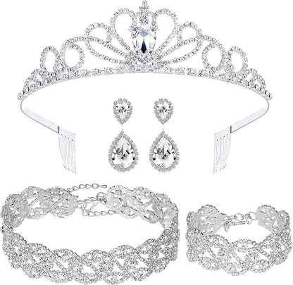 3/4 Pieces Women Jewelry Set Rhinestone Crystal Bride Statement Choker Necklace Tiara Crown Link Bangle Bracelet Teardrop Dangle Earrings Set for Wedding Party Silver Plated White Crystal Tiara+Necklace+Bracelet+Earrings