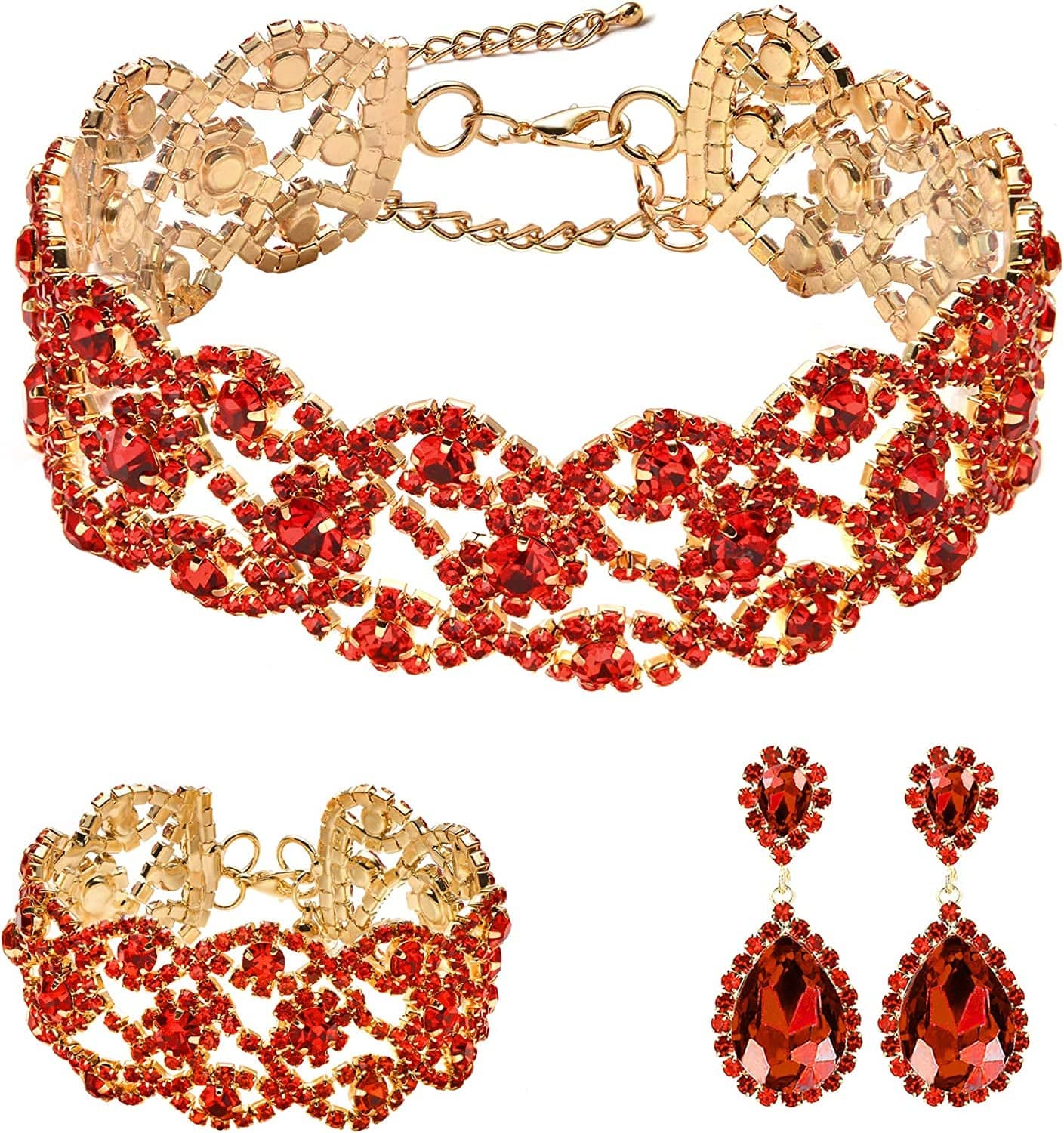 3/4 Pieces Women Jewelry Set Rhinestone Crystal Bride Statement Choker Necklace Tiara Crown Link Bangle Bracelet Teardrop Dangle Earrings Set for Wedding Party Gold Plated Red Crystal Necklace Earrings Bracelet