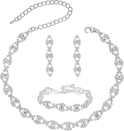 3/4 Pieces Women Jewelry Set Rhinestone Crystal Bride Statement Choker Necklace Tiara Crown Link Bangle Bracelet Teardrop Dangle Earrings Set for Wedding Party Silver Plated White Bracelet Necklace Earrings