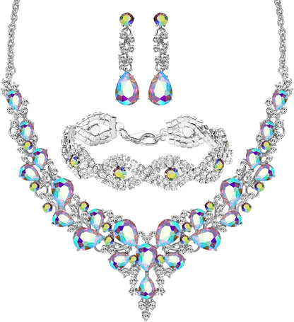 3/4 Pieces Women Jewelry Set Rhinestone Crystal Bride Statement Choker Necklace Tiara Crown Link Bangle Bracelet Teardrop Dangle Earrings Set for Wedding Party Silver Plated White Rhinestone AB Crystal Necklace Bracelet Earrings