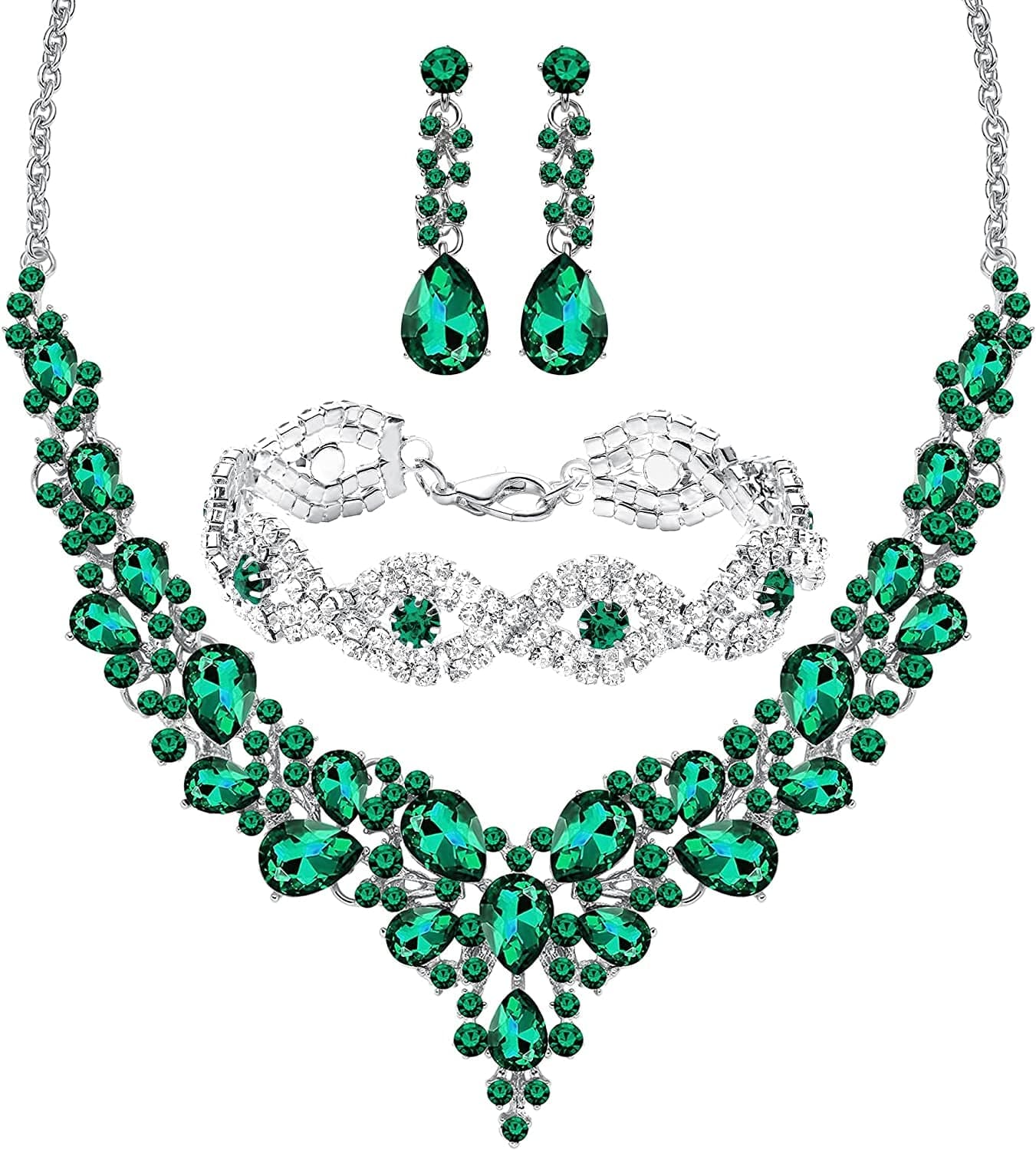 3/4 Pieces Women Jewelry Set Rhinestone Crystal Bride Statement Choker Necklace Tiara Crown Link Bangle Bracelet Teardrop Dangle Earrings Set for Wedding Party Silver Plated Green Rhinestone Crystal Necklace Bracelet Earrings