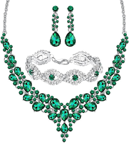 3/4 Pieces Women Jewelry Set Rhinestone Crystal Bride Statement Choker Necklace Tiara Crown Link Bangle Bracelet Teardrop Dangle Earrings Set for Wedding Party Silver Plated Green Rhinestone Crystal Necklace Bracelet Earrings