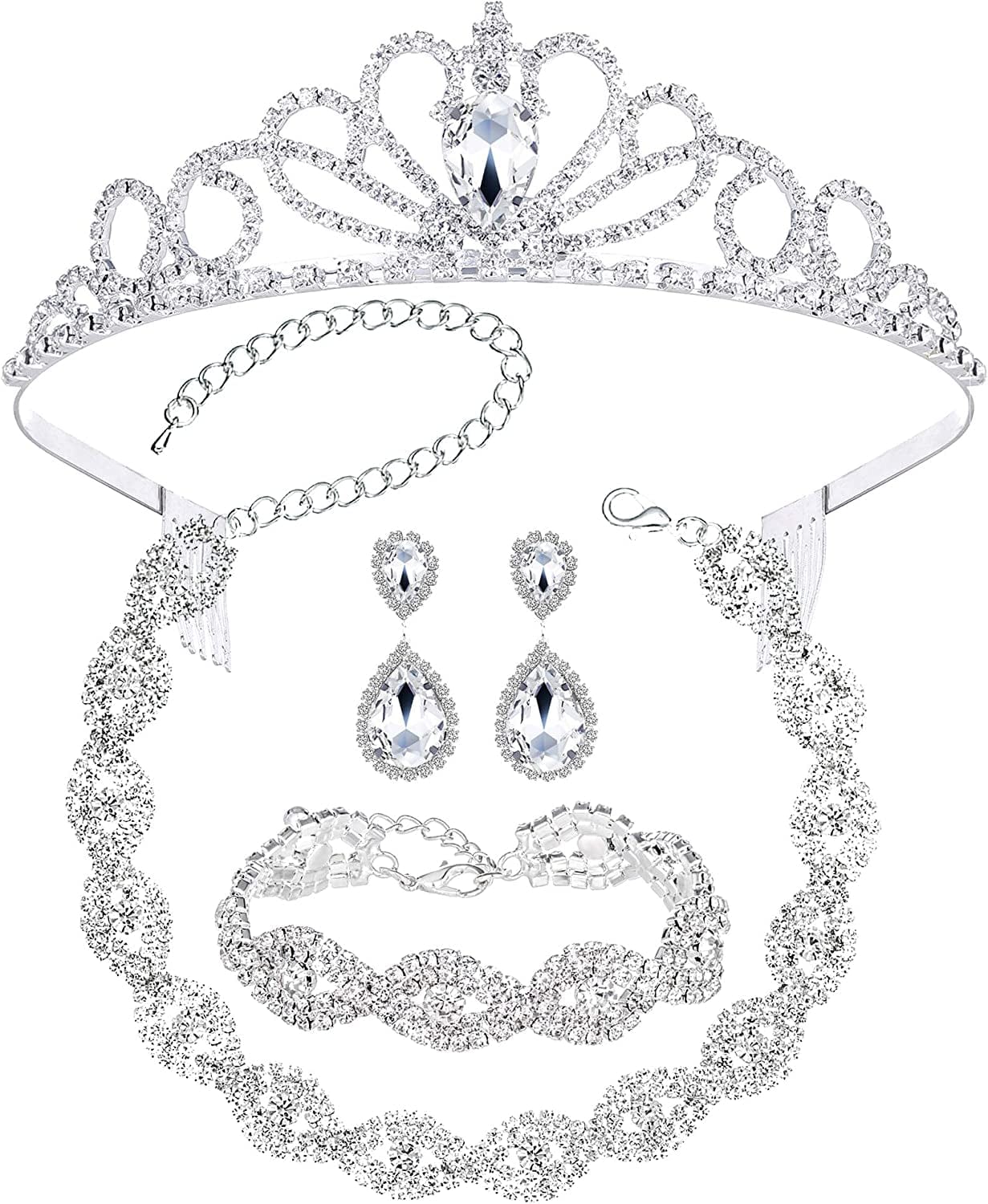 3/4 Pieces Women Jewelry Set Rhinestone Crystal Bride Statement Choker Necklace Tiara Crown Link Bangle Bracelet Teardrop Dangle Earrings Set for Wedding Party Silver Plated White Crystal Tiara+Earrings+Bracelet+Necklace