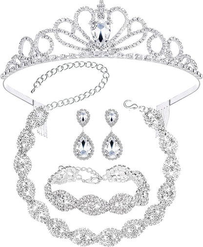 3/4 Pieces Women Jewelry Set Rhinestone Crystal Bride Statement Choker Necklace Tiara Crown Link Bangle Bracelet Teardrop Dangle Earrings Set for Wedding Party Silver Plated White Crystal Tiara+Earrings+Bracelet+Necklace