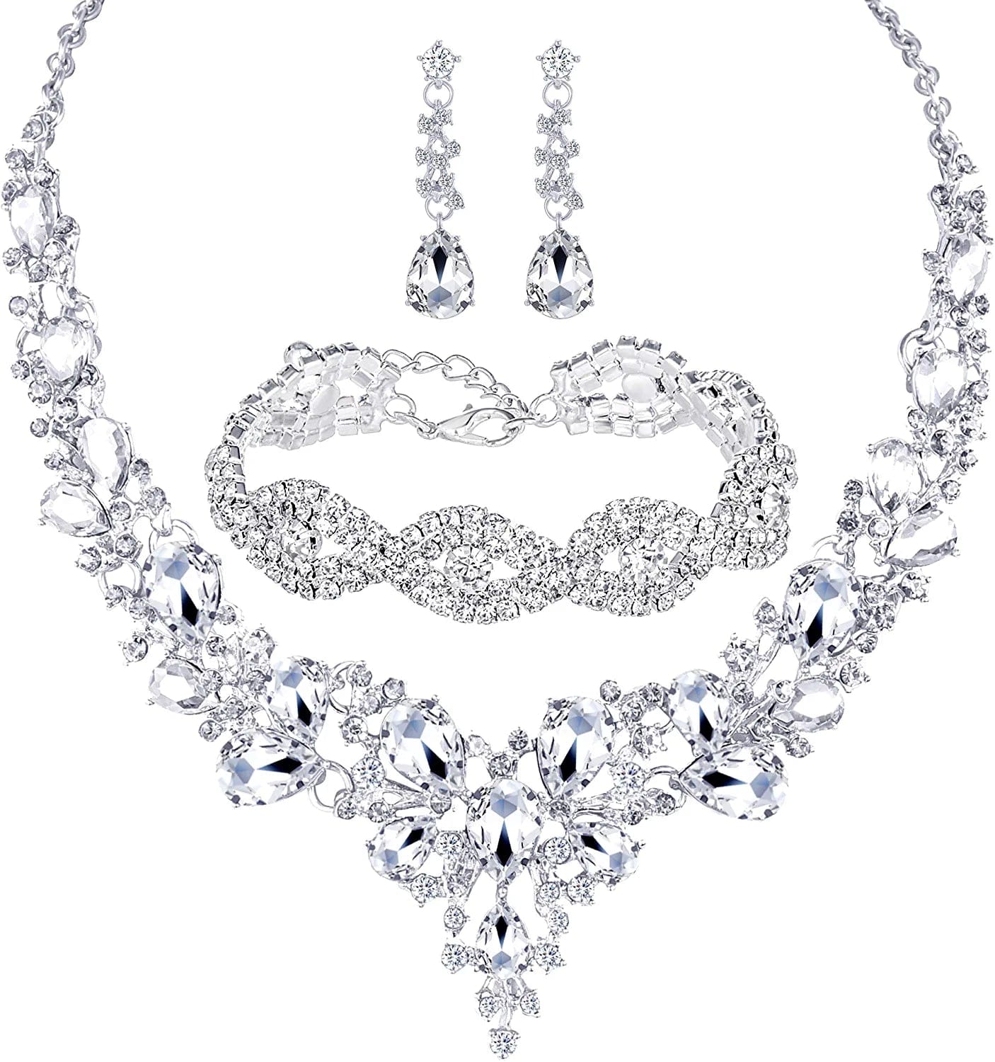 3/4 Pieces Women Jewelry Set Rhinestone Crystal Bride Statement Choker Necklace Tiara Crown Link Bangle Bracelet Teardrop Dangle Earrings Set for Wedding Party Silver Plated White Crystal Necklace Earrings Bracelet