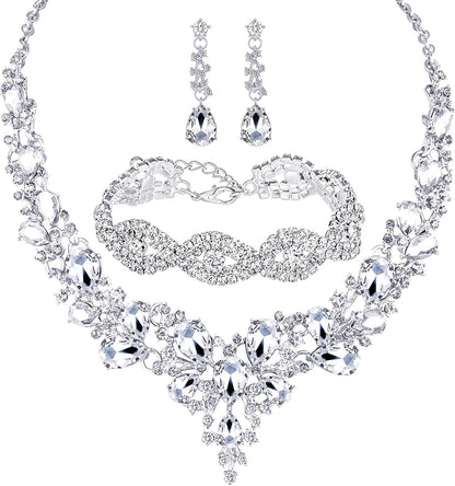 3/4 Pieces Women Jewelry Set Rhinestone Crystal Bride Statement Choker Necklace Tiara Crown Link Bangle Bracelet Teardrop Dangle Earrings Set for Wedding Party Silver Plated White Crystal Necklace Earrings Bracelet