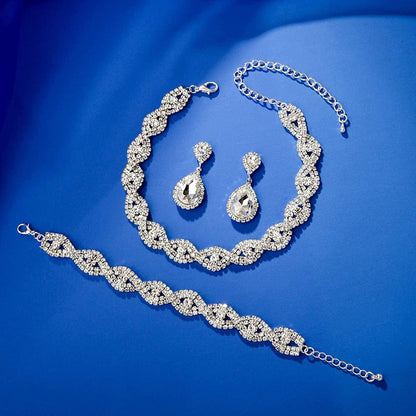 3/4 Pieces Women Jewelry Set Rhinestone Crystal Bride Statement Choker Necklace Tiara Crown Link Bangle Bracelet Teardrop Dangle Earrings Set for Wedding Party