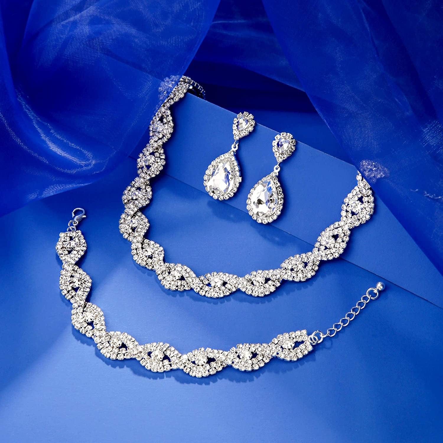 3/4 Pieces Women Jewelry Set Rhinestone Crystal Bride Statement Choker Necklace Tiara Crown Link Bangle Bracelet Teardrop Dangle Earrings Set for Wedding Party