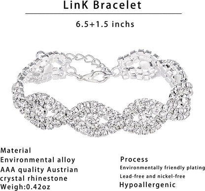 3/4 Pieces Women Jewelry Set Rhinestone Crystal Bride Statement Choker Necklace Tiara Crown Link Bangle Bracelet Teardrop Dangle Earrings Set for Wedding Party