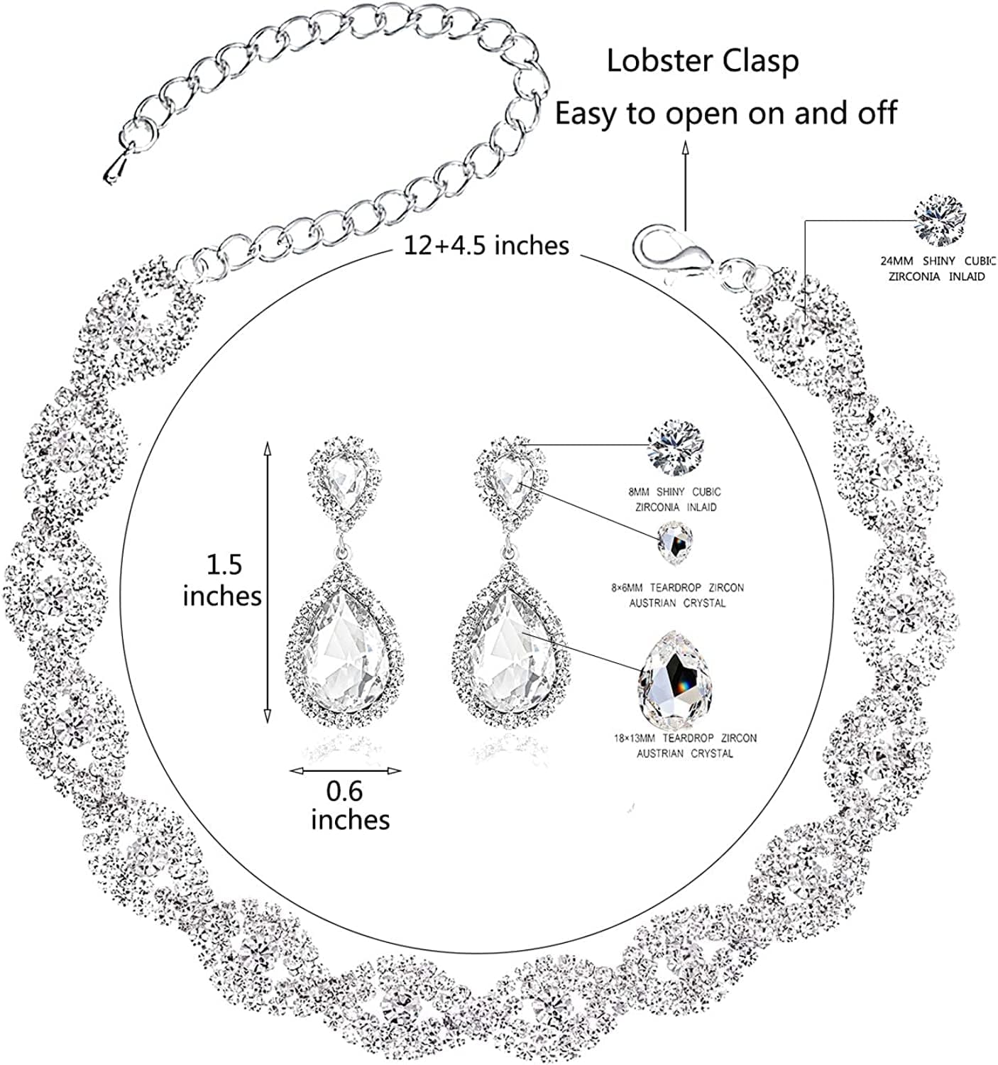 3/4 Pieces Women Jewelry Set Rhinestone Crystal Bride Statement Choker Necklace Tiara Crown Link Bangle Bracelet Teardrop Dangle Earrings Set for Wedding Party