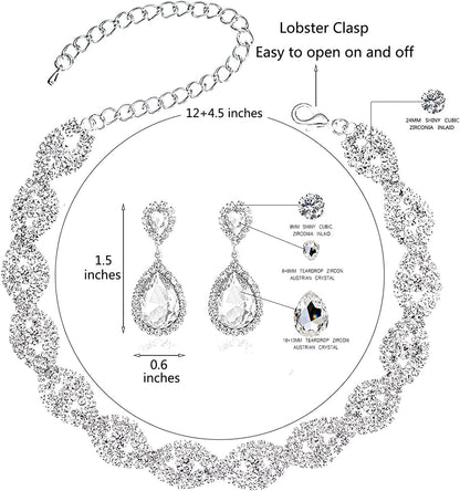 3/4 Pieces Women Jewelry Set Rhinestone Crystal Bride Statement Choker Necklace Tiara Crown Link Bangle Bracelet Teardrop Dangle Earrings Set for Wedding Party