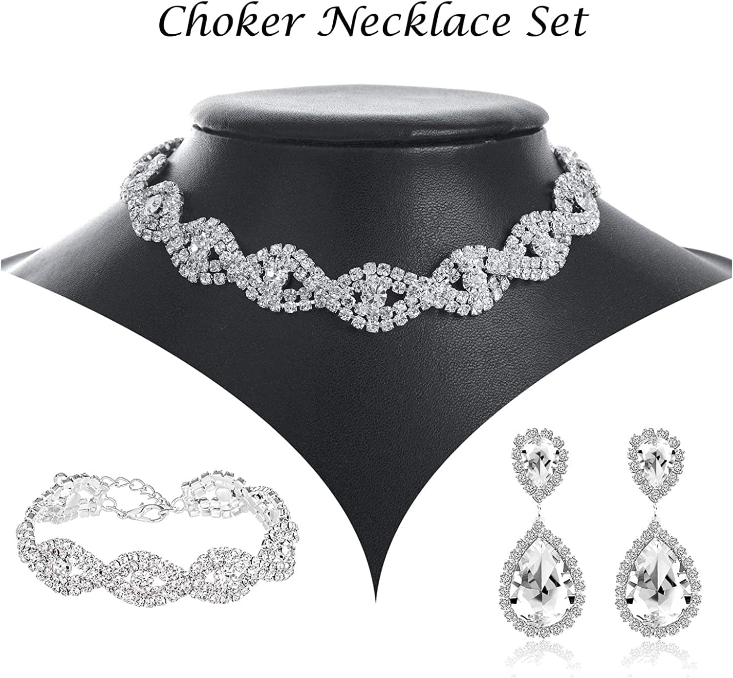 3/4 Pieces Women Jewelry Set Rhinestone Crystal Bride Statement Choker Necklace Tiara Crown Link Bangle Bracelet Teardrop Dangle Earrings Set for Wedding Party