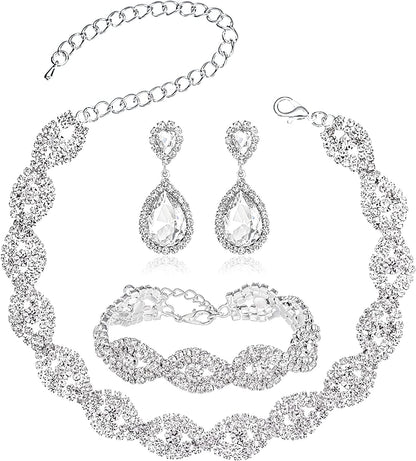 3/4 Pieces Women Jewelry Set Rhinestone Crystal Bride Statement Choker Necklace Tiara Crown Link Bangle Bracelet Teardrop Dangle Earrings Set for Wedding Party Silver Necklace + Earrings + Bracelet set