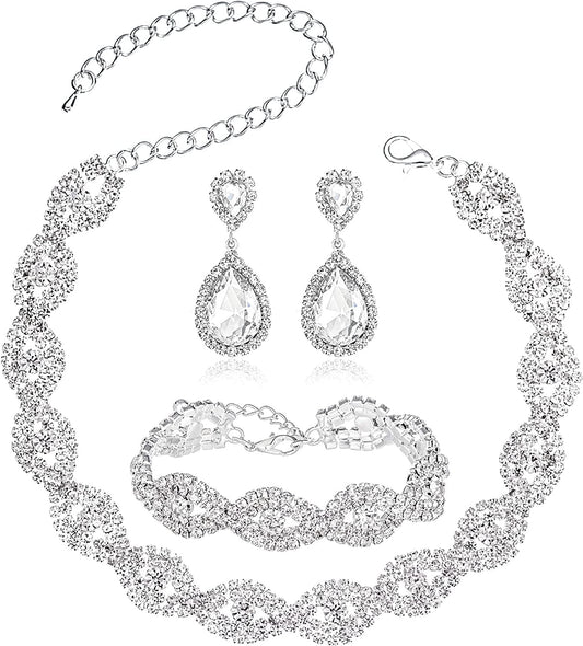 3/4 Pieces Women Jewelry Set Rhinestone Crystal Bride Statement Choker Necklace Tiara Crown Link Bangle Bracelet Teardrop Dangle Earrings Set for Wedding Party Silver Necklace + Earrings + Bracelet set