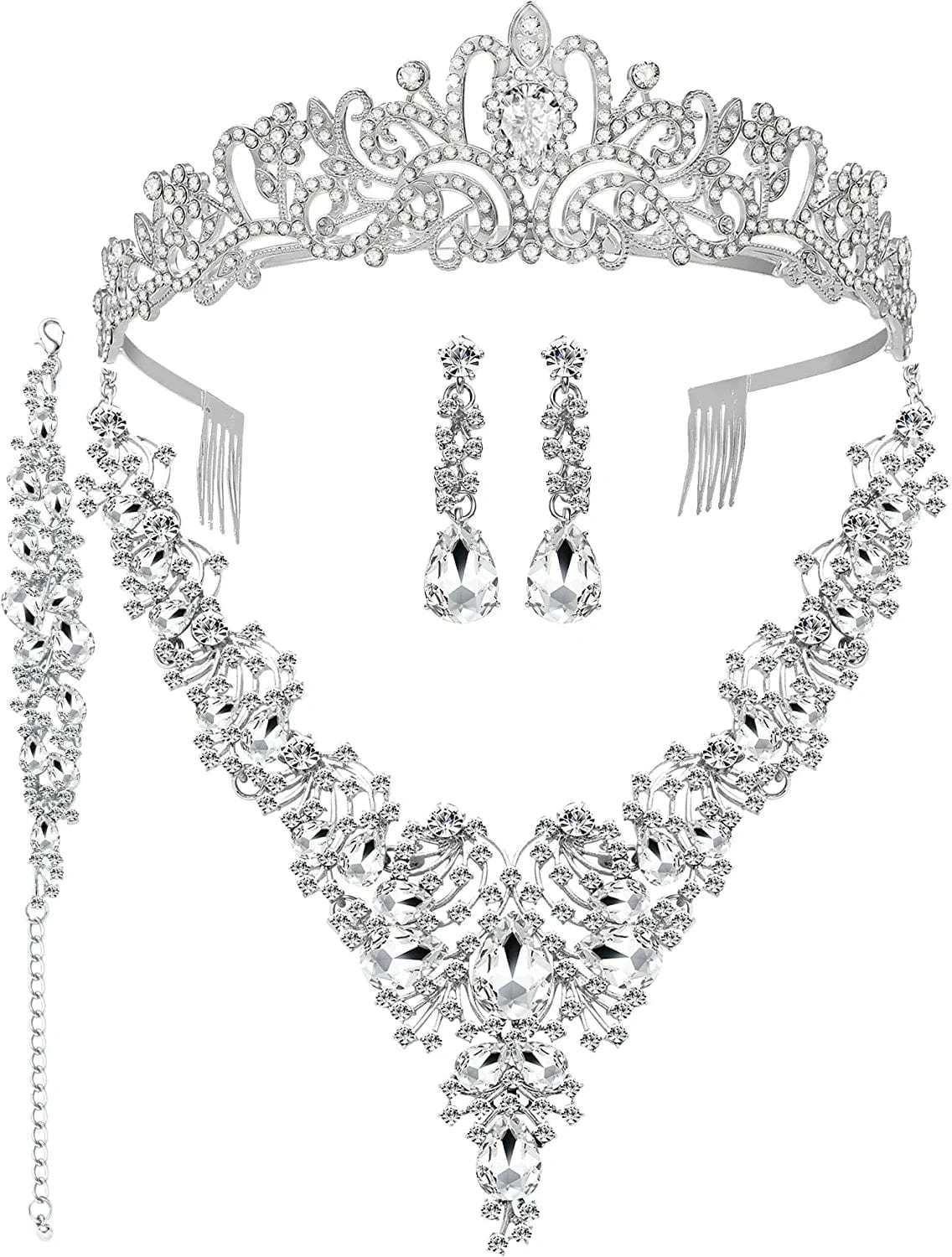 3/4 Pieces Women'S Jewelry Sets Rhinestone Crystal Bridal Tiara Crown Choker Necklace Link Bangle Bracelet Teardrop Dangle Earrings Set and Rhinestone Handbag for Wedding Party A-Silver Plated White Rhinestone Crystal Necklace Tiara Crown Bracelet Earrings