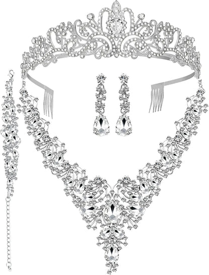 3/4 Pieces Women'S Jewelry Sets Rhinestone Crystal Bridal Tiara Crown Choker Necklace Link Bangle Bracelet Teardrop Dangle Earrings Set and Rhinestone Handbag for Wedding Party A-Silver Plated White Rhinestone Crystal Necklace Tiara Crown Bracelet Earrings